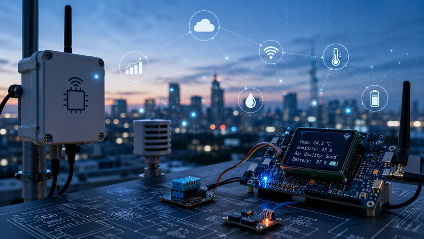 IoT sensor node and gateway monitoring environmental data over a city skyline.